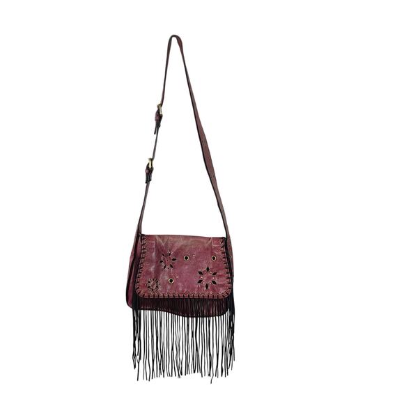 Sharif Studio Red Leather Black Fringe BOHO Hippie Vintage Bag Crossbody Purse - Picture 2 of 7